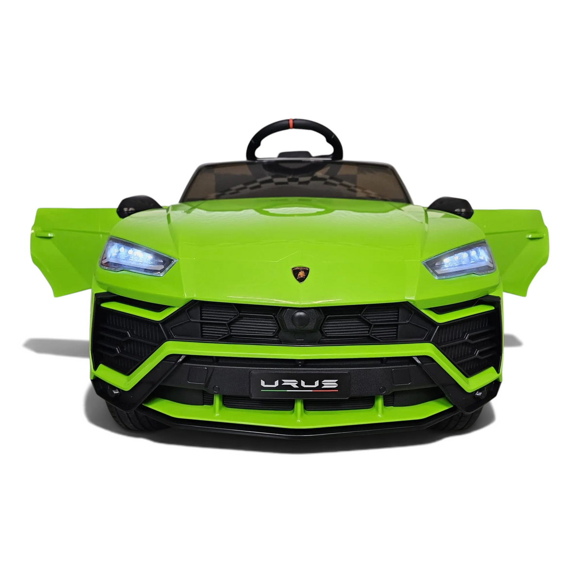 Voiture électrique enfant Petit Pilote Lamborghini Urus verte avec phares LED allumés et portes ouvertes