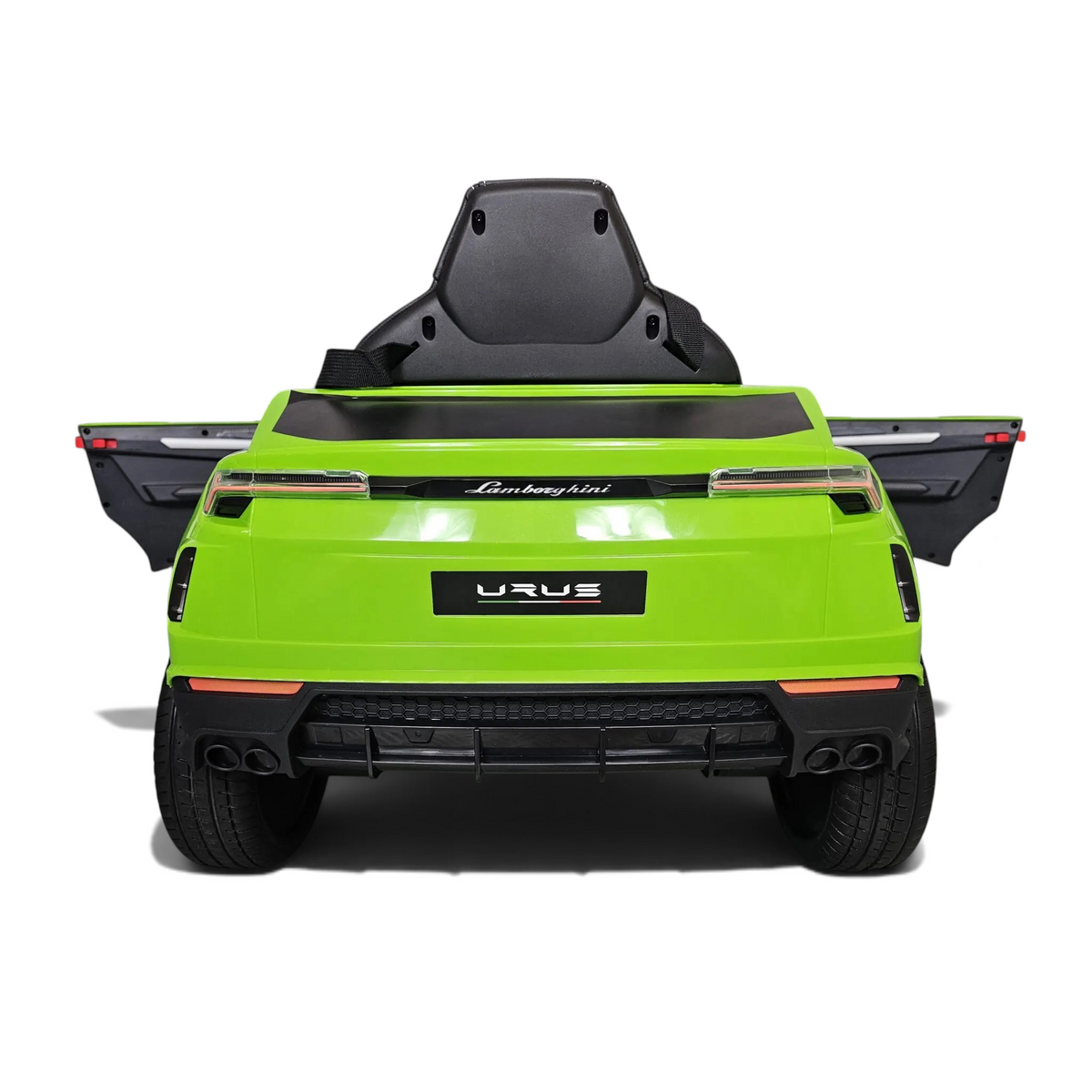Vue arrière de la voiture électrique enfant Petit Pilote Lamborghini Urus verte avec phares et siège en cuir