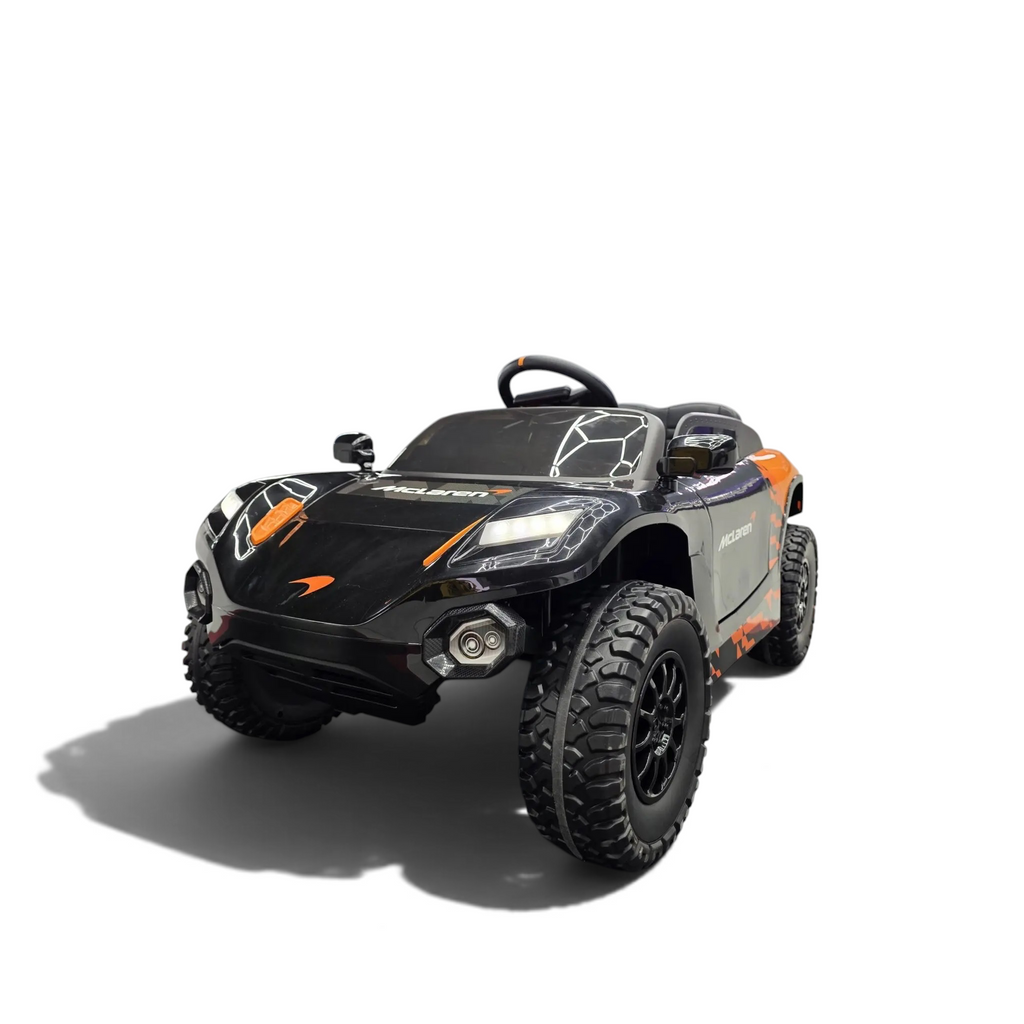 Voiture électrique enfant Petit Pilote McLaren Rally orange et noire avec pneus tout-terrain et phares LED