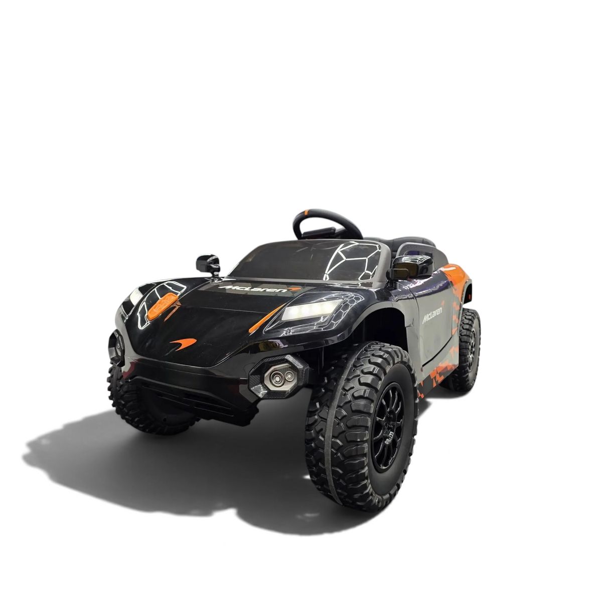 Voiture électrique enfant Odecare McLaren Rally orange et noire avec pneus tout-terrain et phares LED