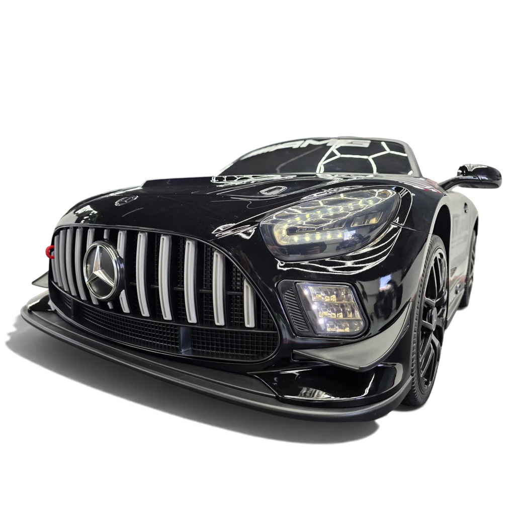 Voiture électrique enfant Petit Pilote Mercedes AMG GT3 noire métallisée avec phares LED et calandre sportive