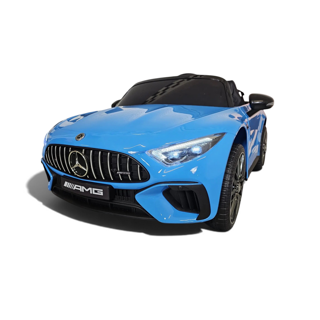 Voiture électrique enfant Petit Pilote Mercedes SL63 bleu métallisé avec phares LED et calandre sportive