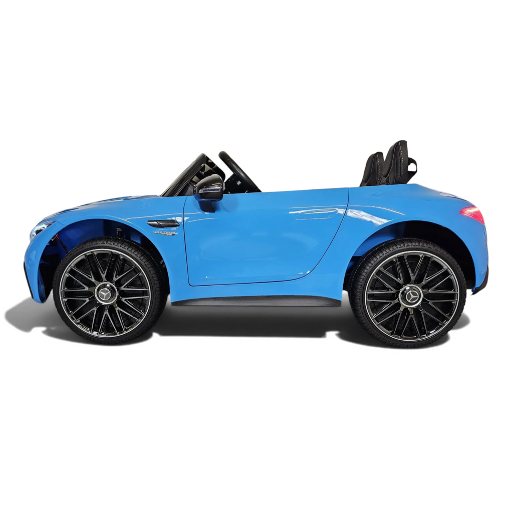 Voiture électrique enfant Petit Pilote Mercedes SL63 bleu métallisé avec roues sportives et siège en cuir