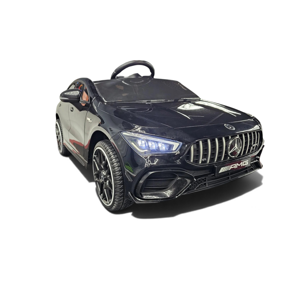 Voiture électrique enfant Petit Pilote Mercedes CLA 45 noire métallisée avec phares LED et pneus EVA