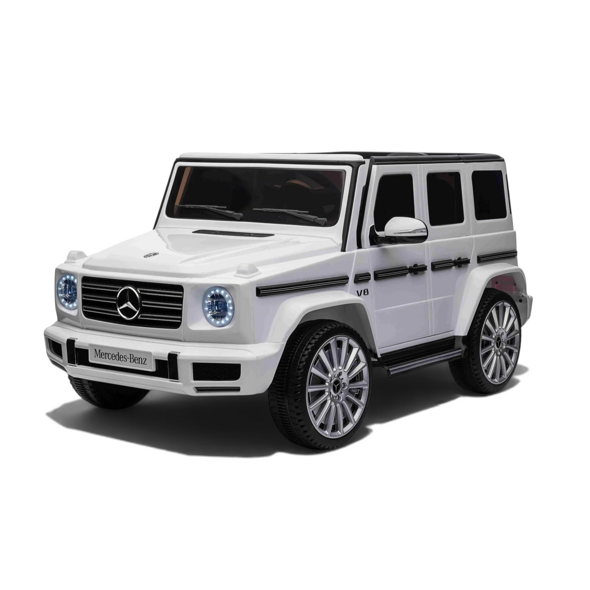 Voiture électrique pour enfant Petit Pilote Mercedes G500 blanche avec phares LED, pneus EVA et siège en cuir