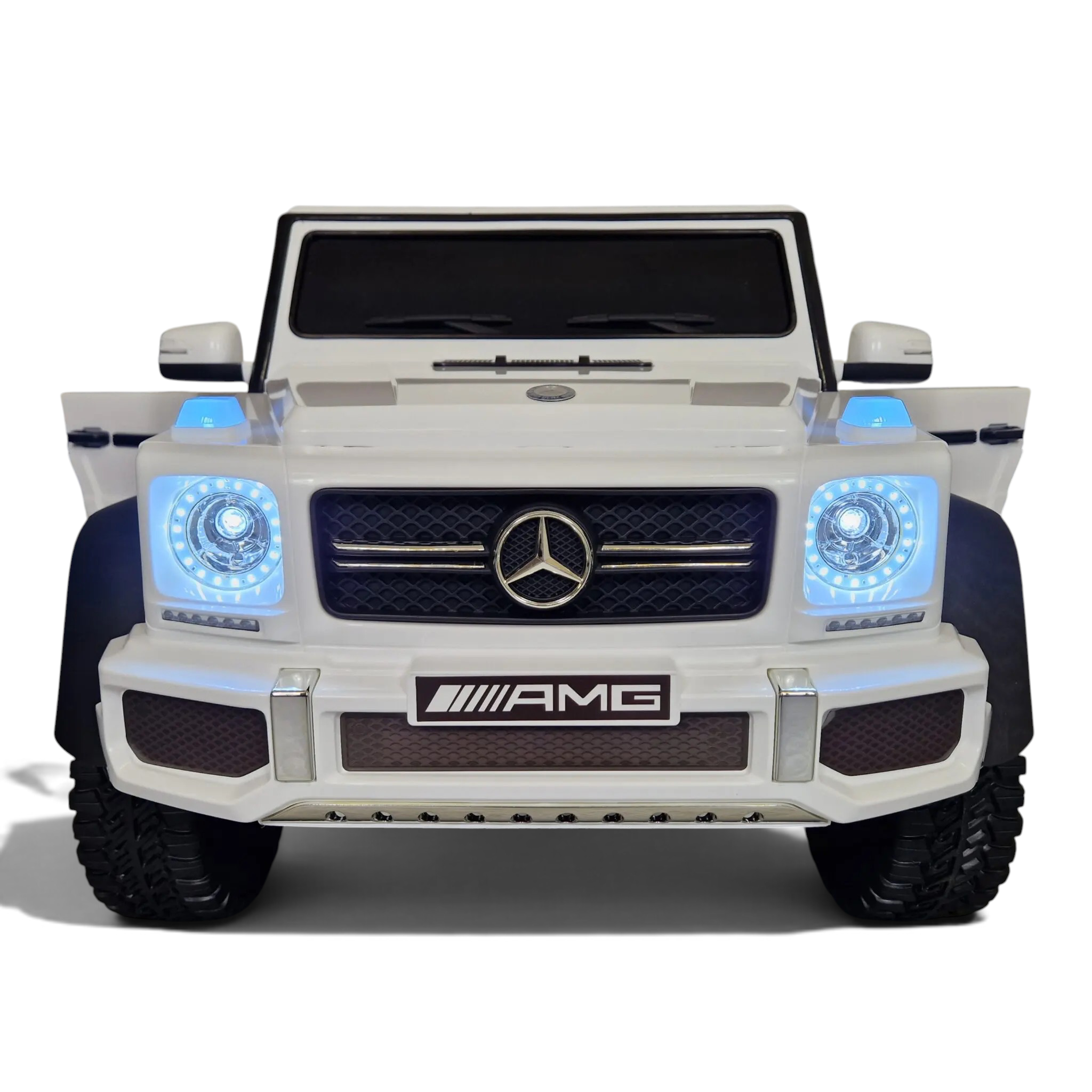 Voiture électrique enfant Odecare Mercedes G63 AMG 6x6 blanche avec phares LED allumés et calandre emblématique