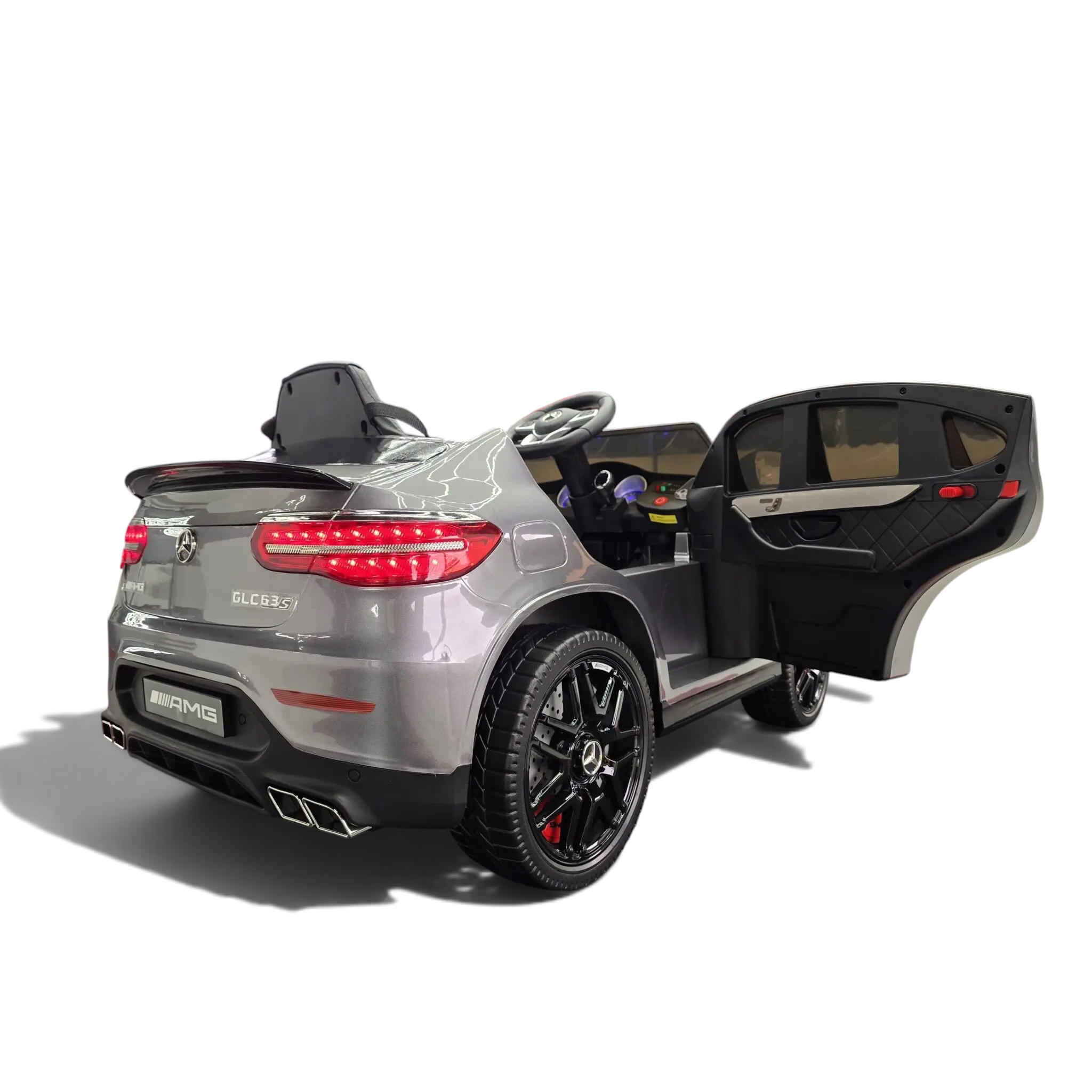Voiture électrique enfant Odecare Mercedes GLC 63 AMG grise métallisée avec portes ouvertes et jantes noires sport