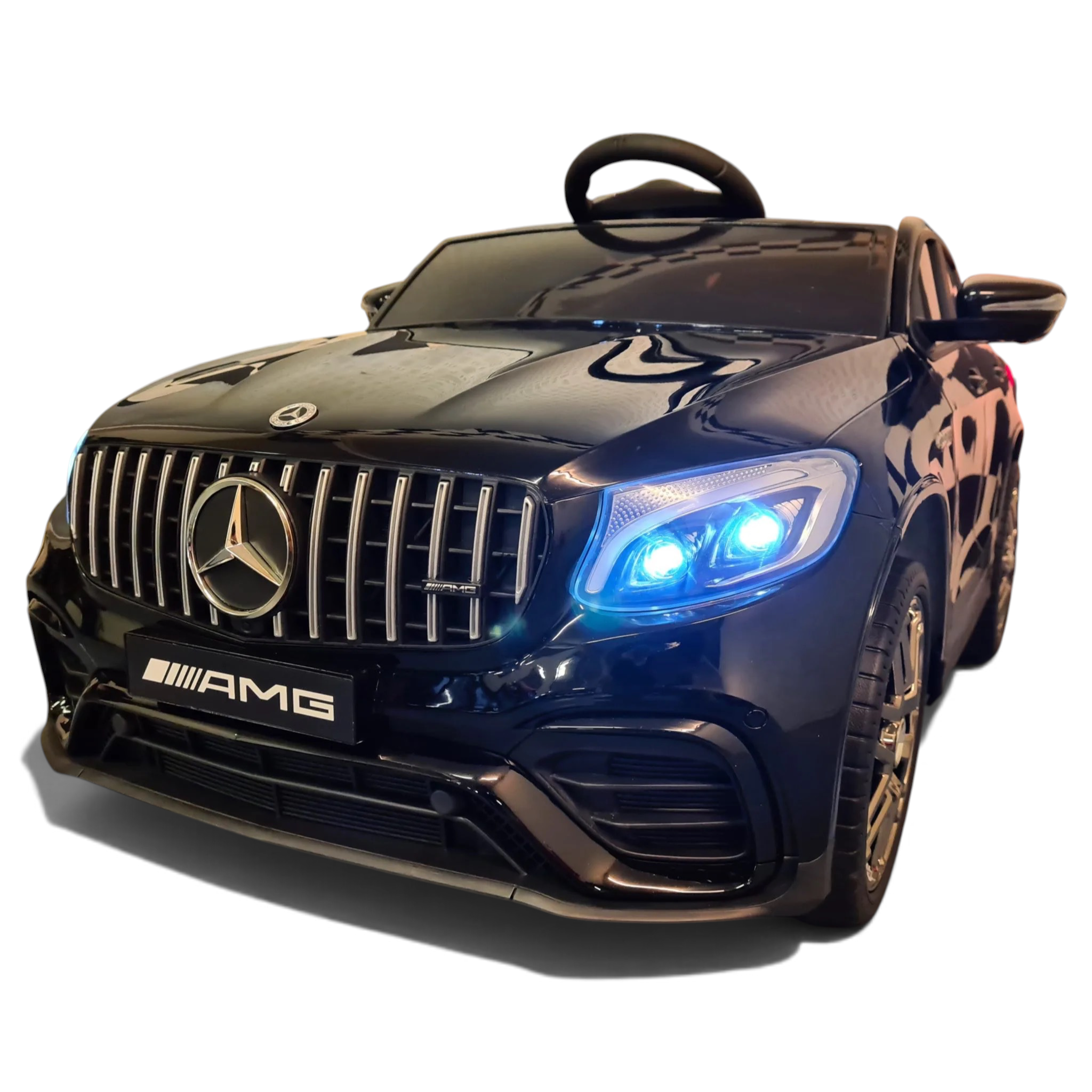 Voiture électrique enfant Odecare Mercedes GLC 63 AMG noire métallisée avec phares LED bleus allumés
