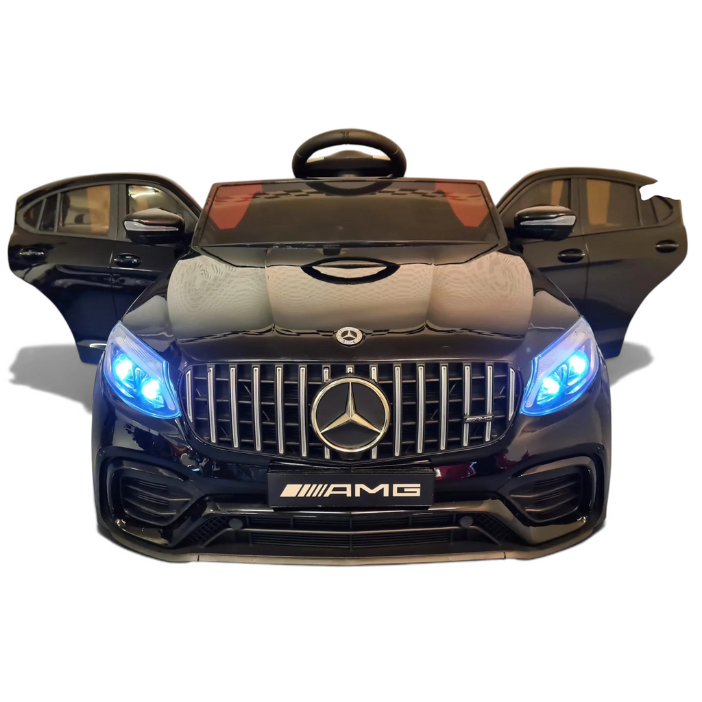 Voiture électrique enfant Petit Pilote Mercedes GLC 63 AMG noire métallisée avec phares LED bleus et portes ouvertes
