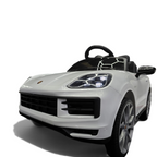 Voiture électrique enfant Petit Pilote Porsche Cayenne blanche avec phares LED détaillés et design SUV réaliste