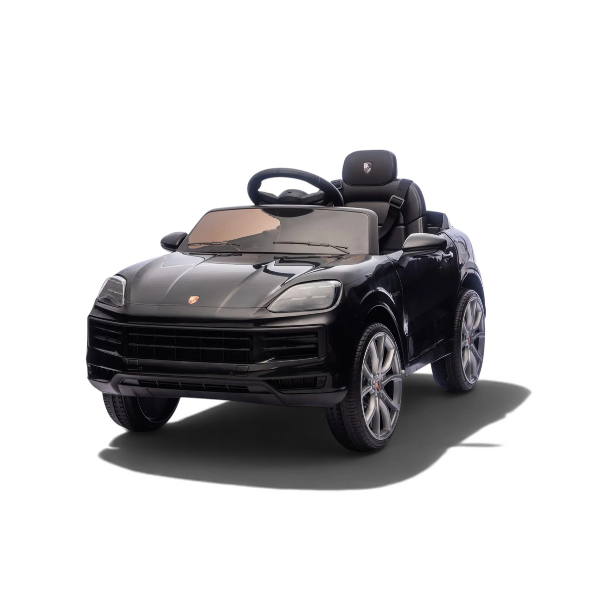 Voiture électrique pour enfant Petit Pilote Porsche Cayenne noire avec siège en cuir, pneus EVA et phares fonctionnels