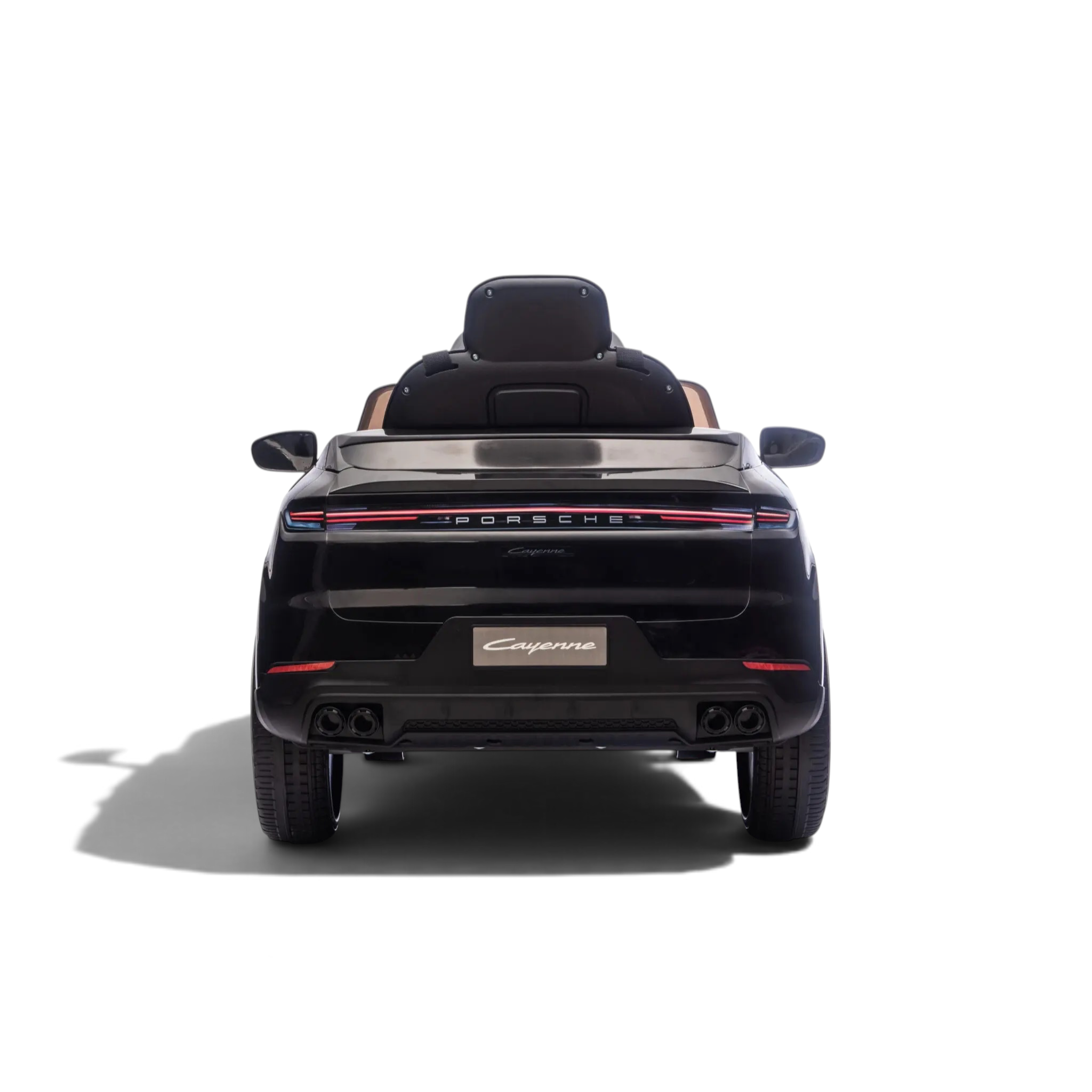Vue arrière de la voiture électrique enfant Petit Pilote Porsche Cayenne noire avec feux LED et détails réalistes