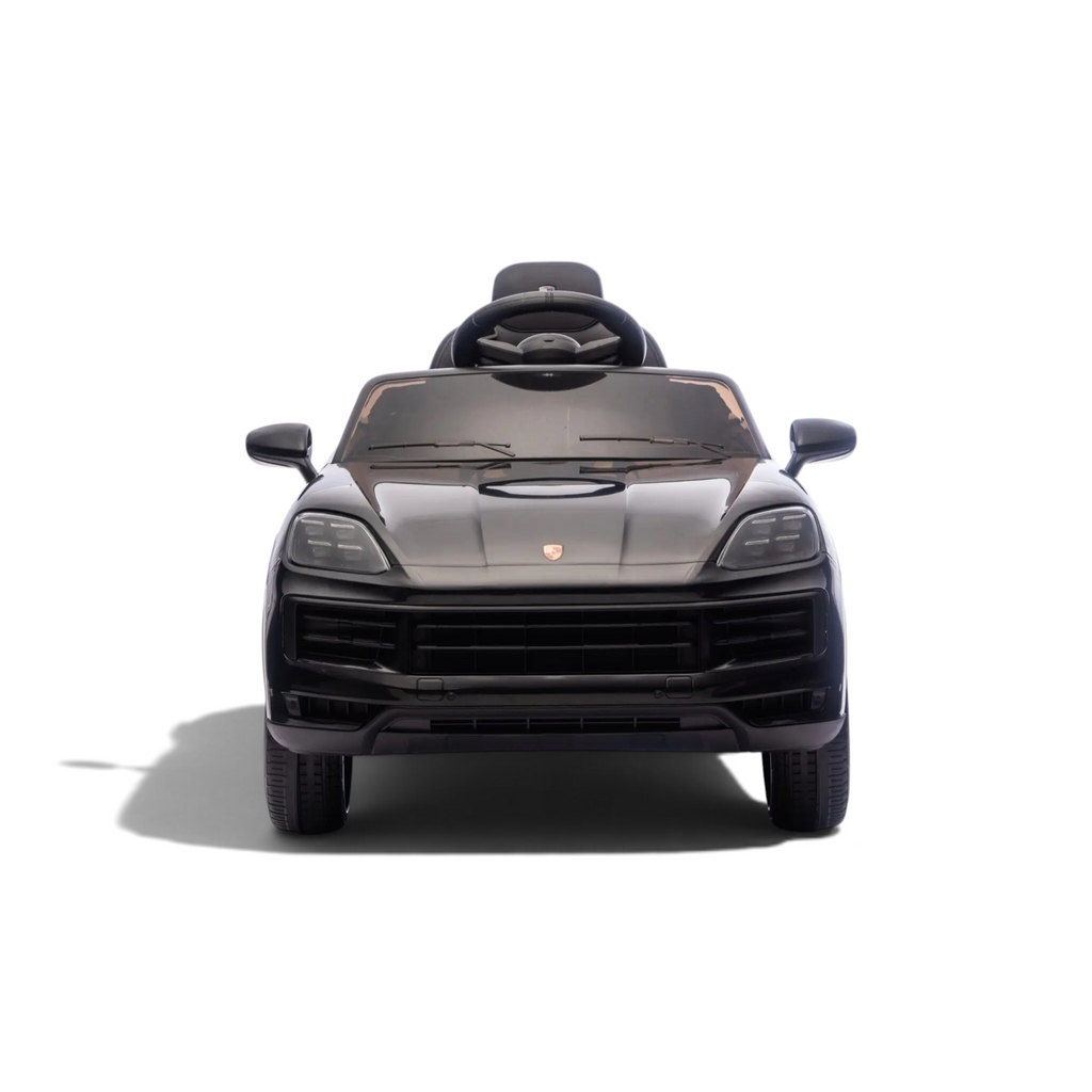 Voiture électrique pour enfant Petit Pilote Porsche Cayenne noire avec siège en cuir et phares fonctionnels