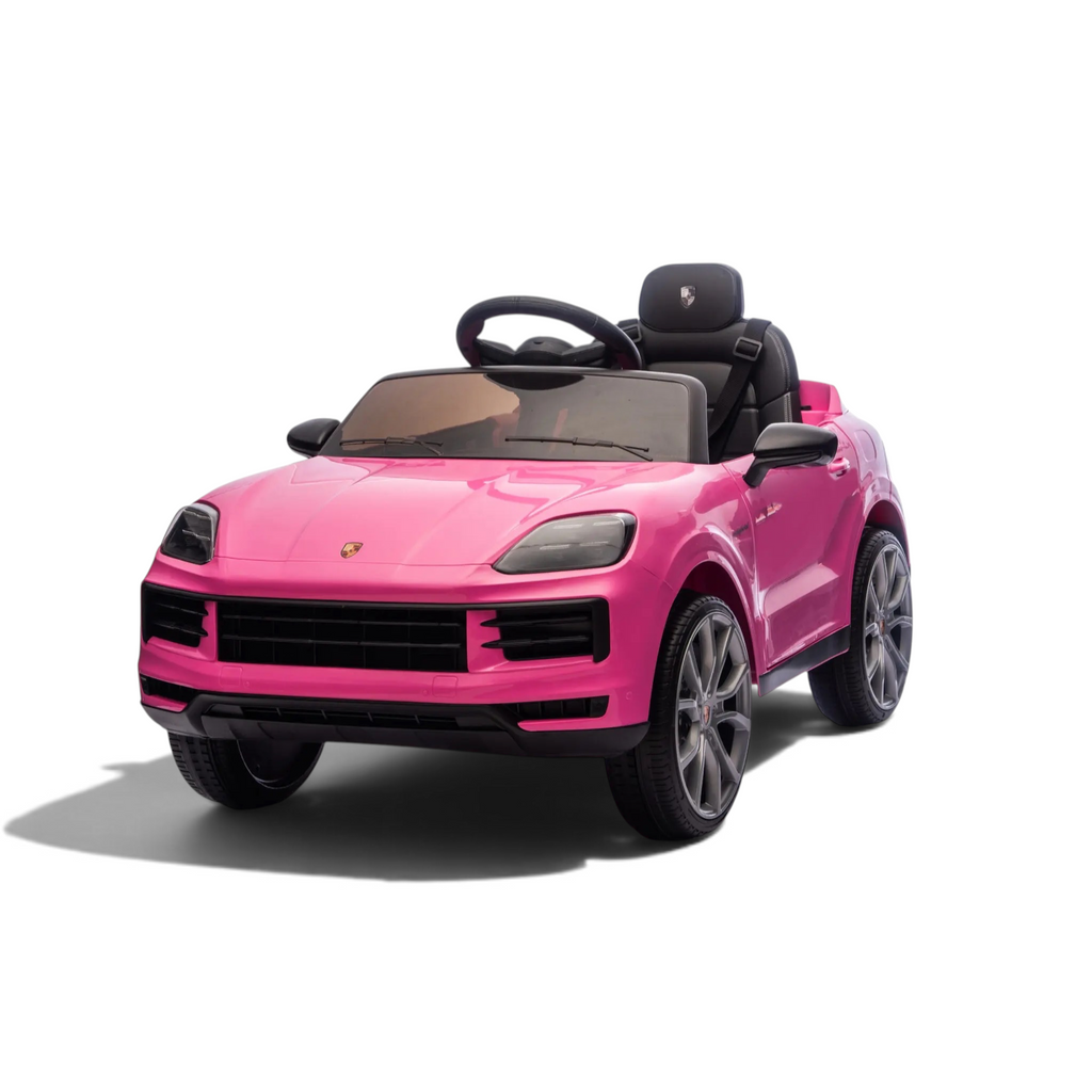 Voiture électrique enfant Petit Pilote Porsche Cayenne rose avec siège en cuir et pneus EVA pour une conduite réaliste