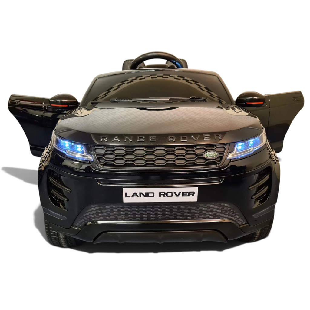 Voiture électrique enfant Petit Pilote Range Rover Evoque noir métallisé avec phares LED allumés et portes ouvertes
