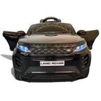 Voiture électrique enfant Petit Pilote Range Rover Evoque noir métallisé avec phares LED allumés et portes ouvertes
