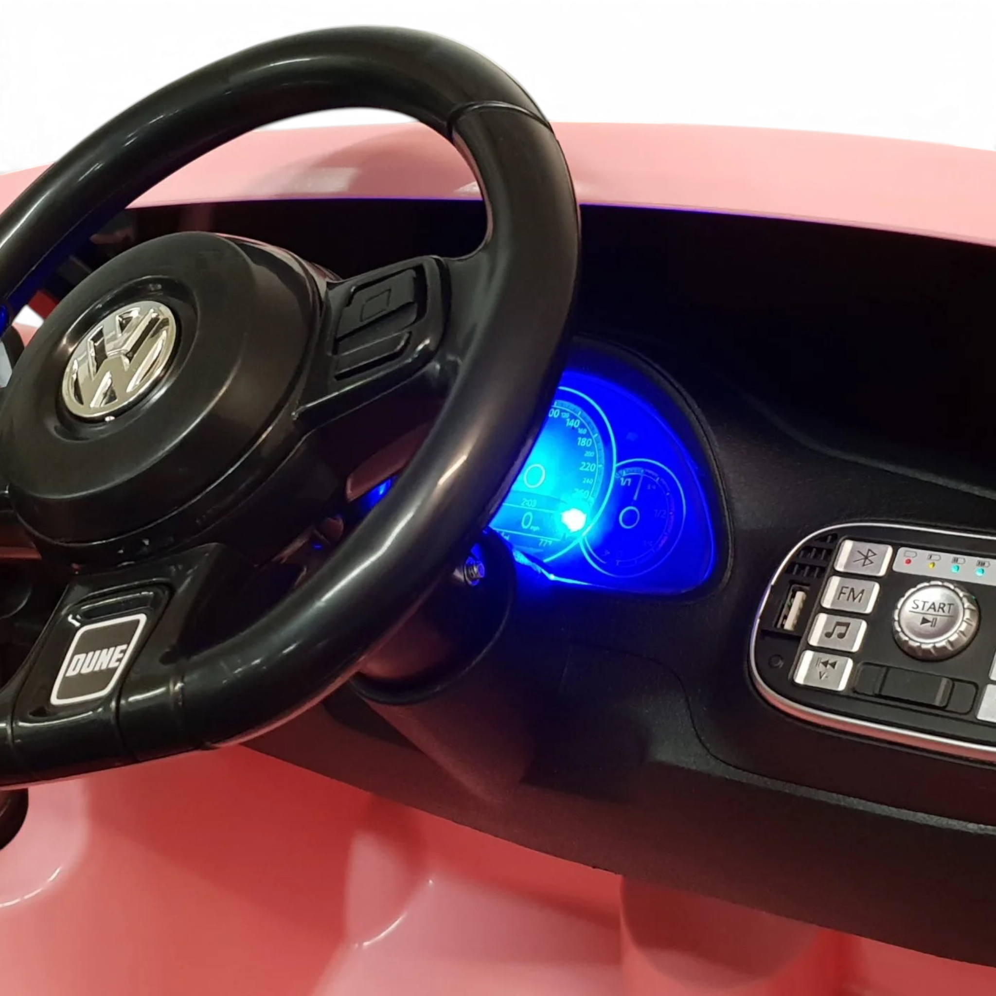 Tableau de bord de la voiture électrique Petit Pilote VW Beetle rose pour enfant avec volant noir et écran rétroéclairé