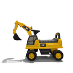 Porteur pelleteuse CAT jaune et noir avec pelle articulée pour enfants, vue de profil sur fond blanc