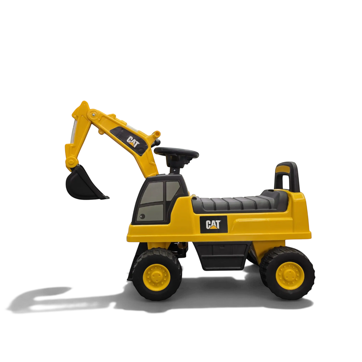 Porteur pelleteuse CAT jaune et noir avec pelle articulée pour enfants, vue de profil sur fond blanc