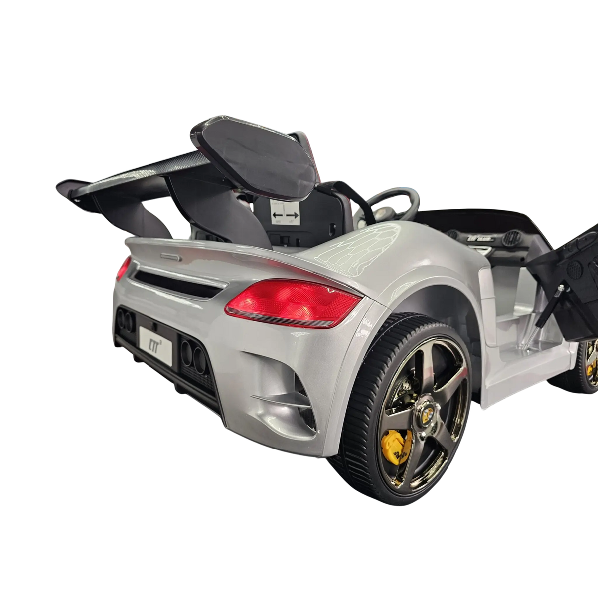 Voiture électrique enfant Porsche RUF 24V argent métallisé 2 places avec aileron arrière et pneus caoutchouc